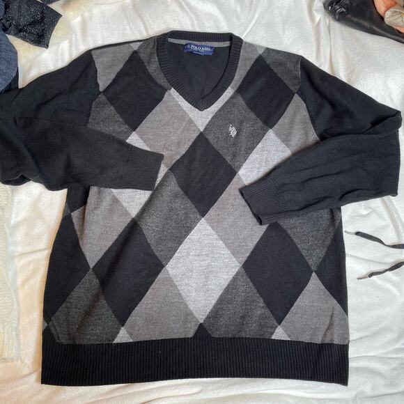 US POLO Argyle V Neck Long Sleeve Pullover Sweater Black Grey White Extra Large - Picture 1 of 3
